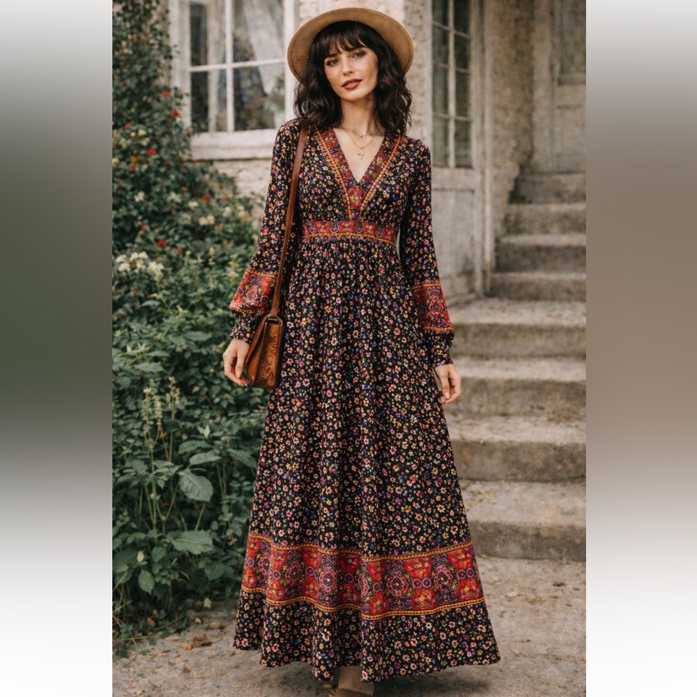Floral Boho Maxi Dress in Black with Red Accents